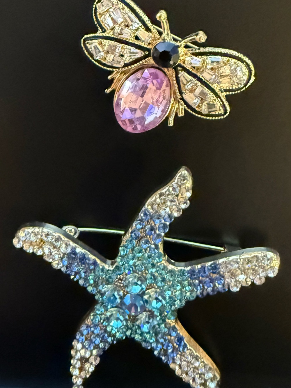 Crystal Starfish and Bee Brooch 2 Pieces Blue & Pink Rhinestones Lapel Pin